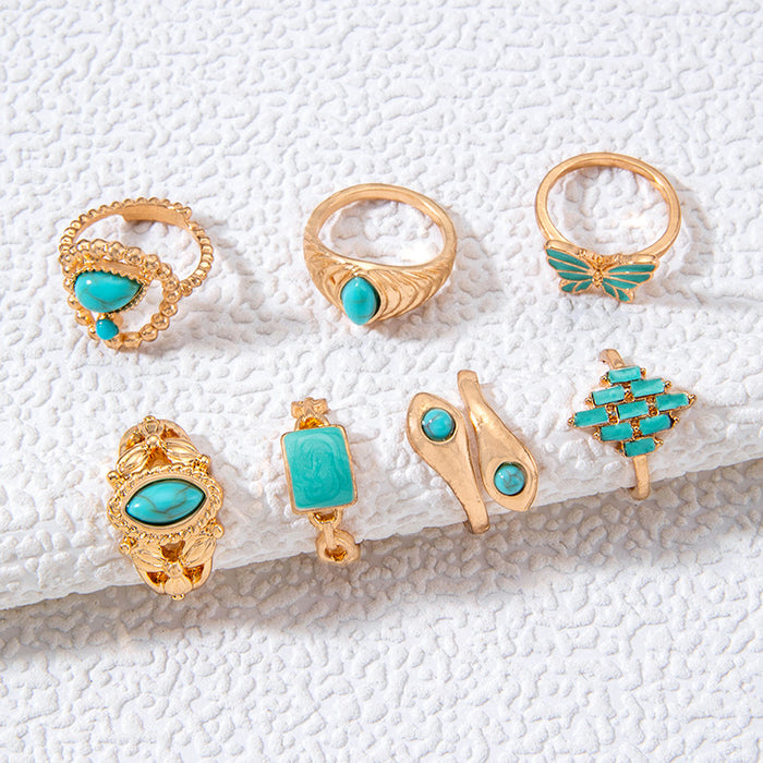 Bohemian Turquoise Snake Eye Ring Set - 7pcs Enamel Butterfly Rings