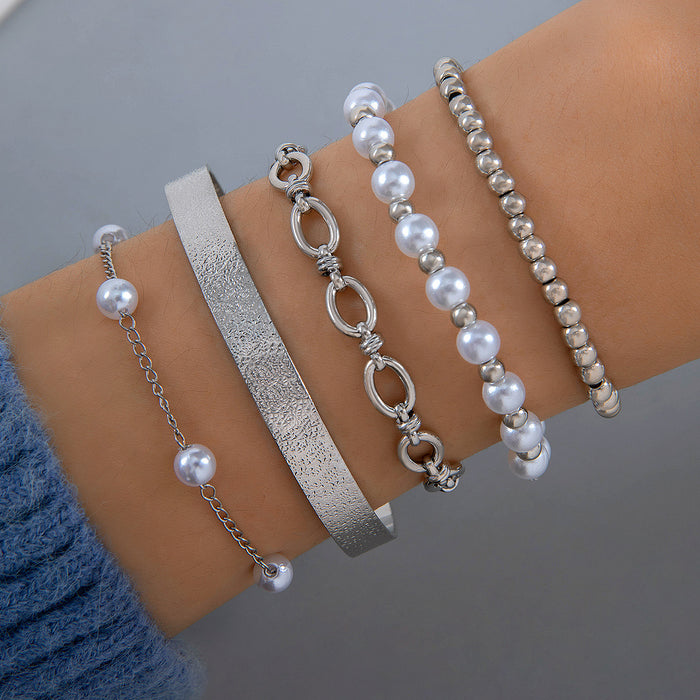 New Simple Round Bead Heart Layered Bracelet Set - Ins Cold-Tone Heart Lock Pearl Jewelry