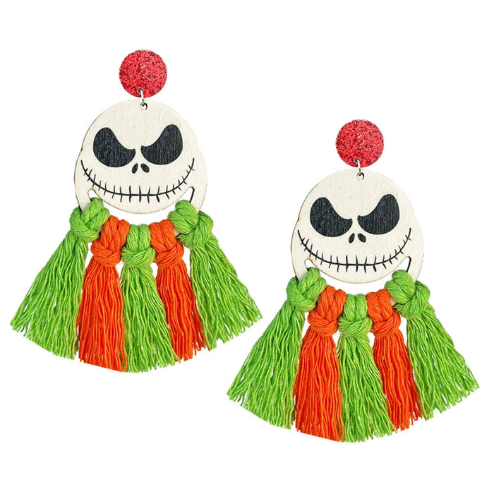 Halloween Handwoven Tassel Wooden Earrings with Colorful Pumpkin, Bat, Ghost, and Spider Designs