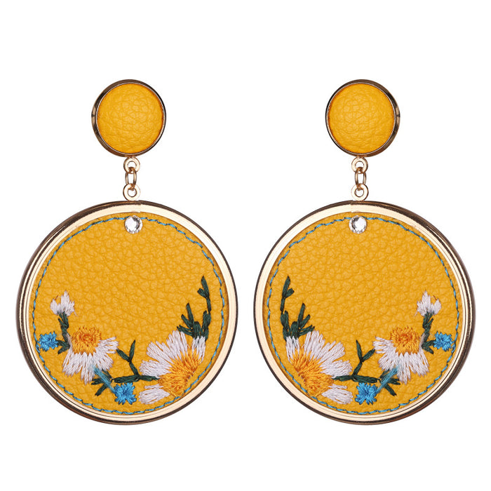 Leather Embroidered Floral Earrings with Vintage and Elegant Style - wallojewerly 