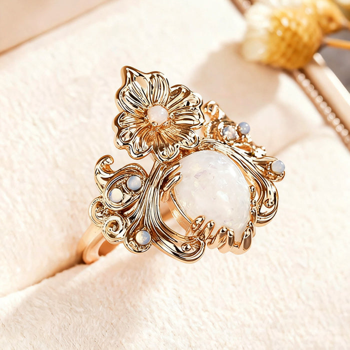 Women's teardrop micro-inlaid imitation opal forest style small fresh ring