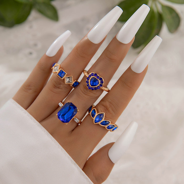 Heart Diamond Imitation Sapphire Leaf Ring Four-piece Set