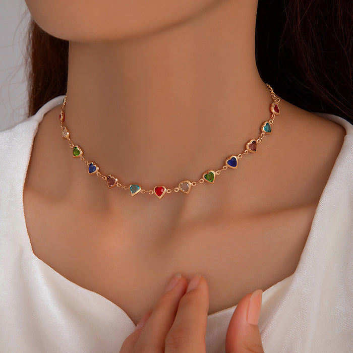 Colorful Heart Drop Oil Necklace with Multi-Color Heart-Shaped Clavicle Chain