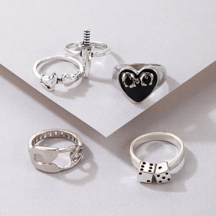 Creative metal heart sword retro ring five-piece set