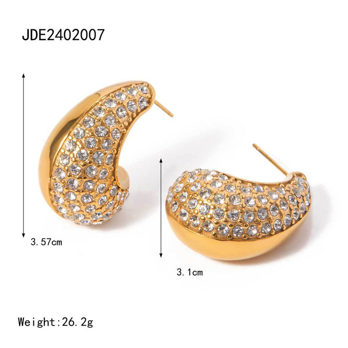 New Cross-Border 18K Gold Plated Stainless Steel Teardrop Earrings - Half Smooth Half Diamond Inlaid Jewelry for Women