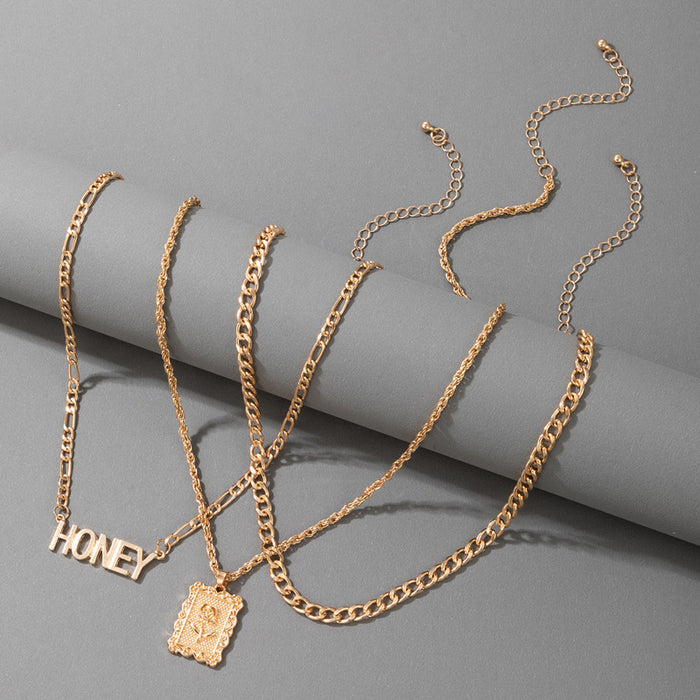 Letter Pendant Multilayer Choker - Heavy Metal Rose Rectangle Necklace Set