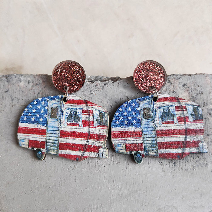 Wooden patriotic school bus earrings