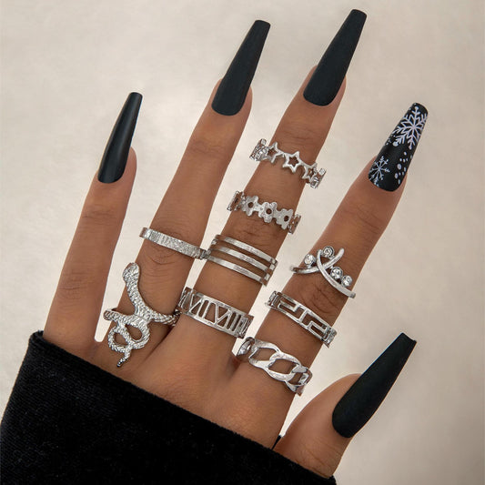 Retro Ethnic Snake Star Rings Set - 9pcs Set