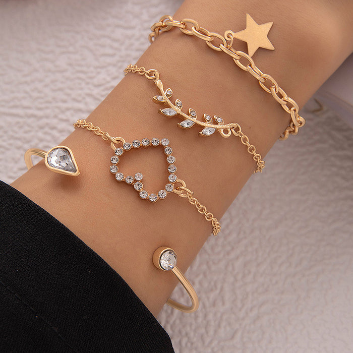 Heart Rhinestone Bracelet Set - Four-Piece Water Drop Open Jewelry for Women