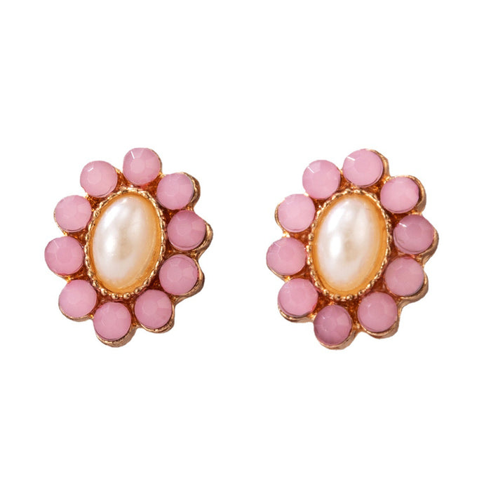 Pearl and diamond white pink geometric metal stud earrings