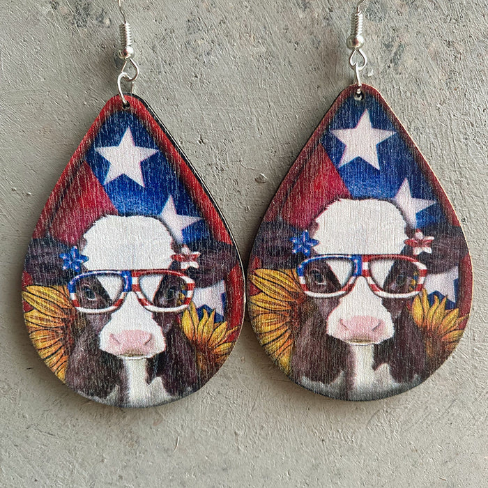 Wooden patriotic cow earrings