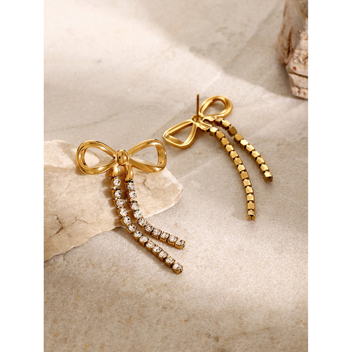 18K Gold Plated Stainless Steel Bow Earrings - Stylish Design with Double Zircon Chains