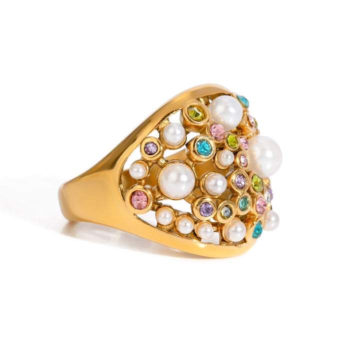 Vintage Baroque Style Pearl Ring - Stainless Steel Inlaid Design, Women's Trendy Jewelry