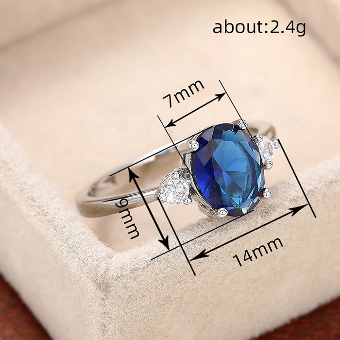 Anillo de piedra preciosa azul con forma de huevo con incrustaciones, joyería de temperamento noble