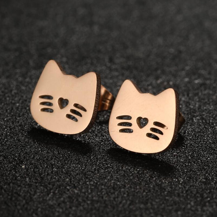 Cat and Heart Hollow Stainless Steel Stud Earrings - Cute and Playful Animal Jewelry