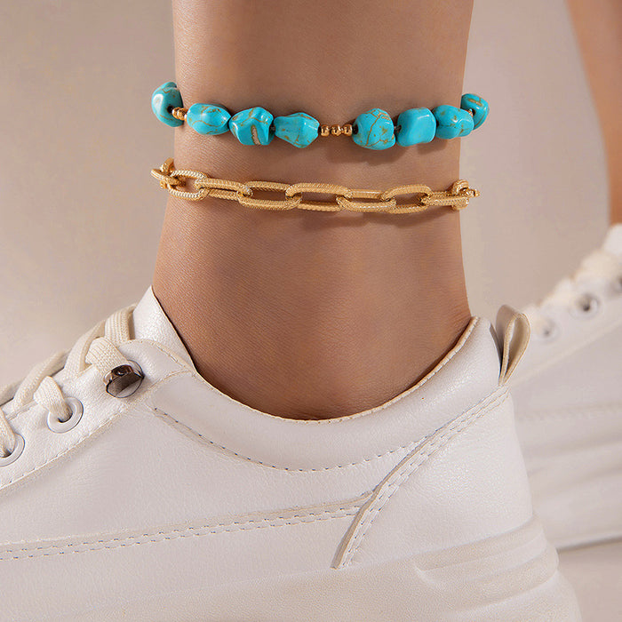 Turquoise Beaded Double Layer Anklet - Boho Beach Style Foot Jewelry