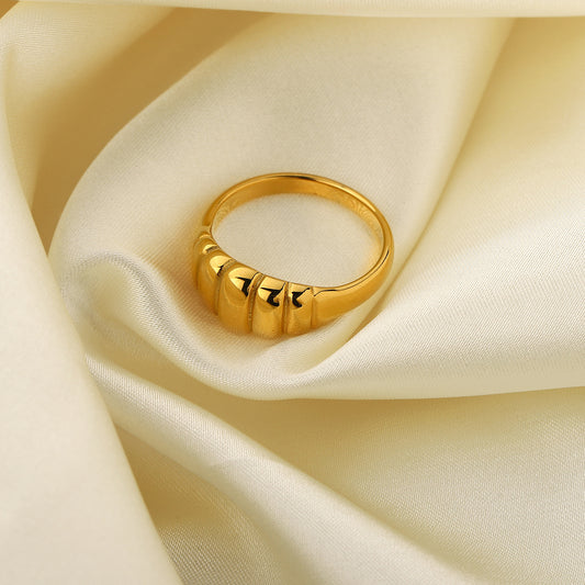 Layered Textured Round Ring - 18K Gold Plated Stainless Steel with Bull Horn Design