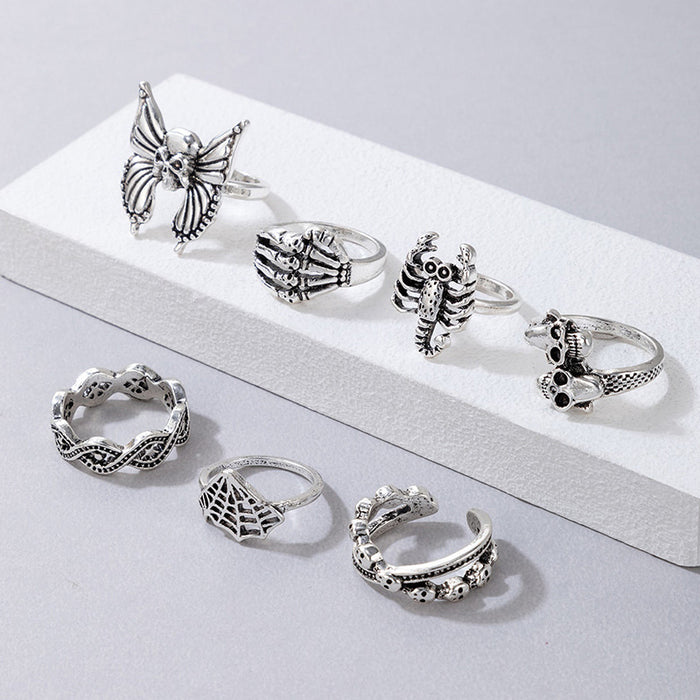 Vintage Layered Ring Set - 7-Piece Butterfly and Skull Rings