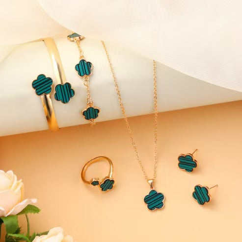 Wholesale 5-piece set of five-petal flower necklace, bracelet, bangle, earrings, and ring - wallojewerly 