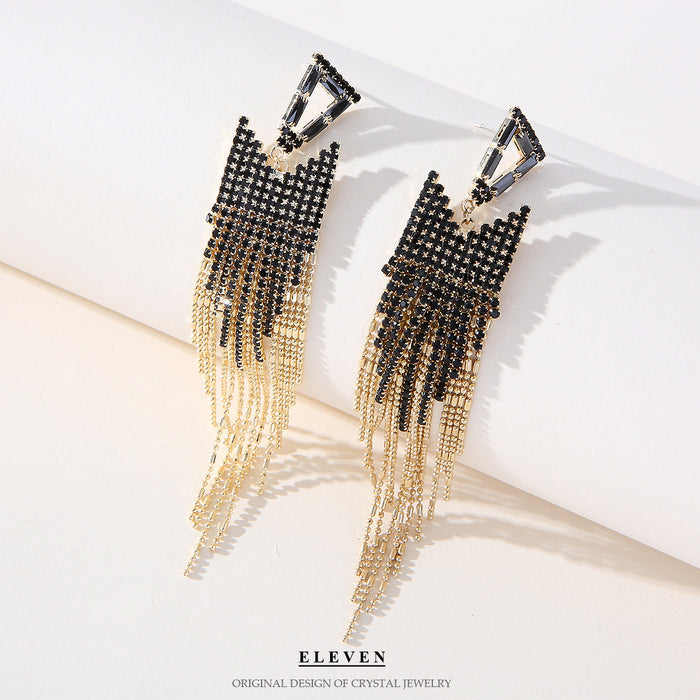 Exaggerated Rhinestone Tassel Earrings - Long Dangle Jewelry for a Bold Look