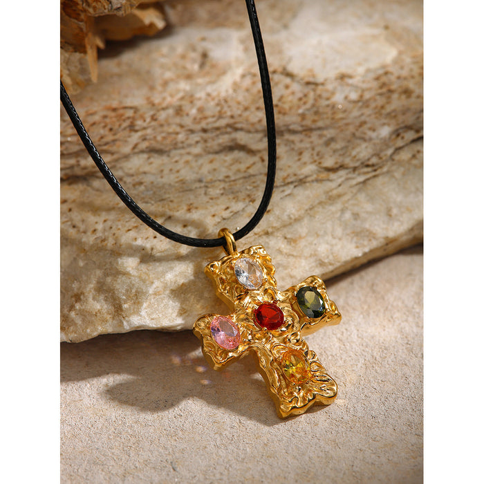 18K Gold-Plated Wax Cord Necklace - Hammered Cross with Colorful Zircon Inlay, Popular Design - wallojewerly 
