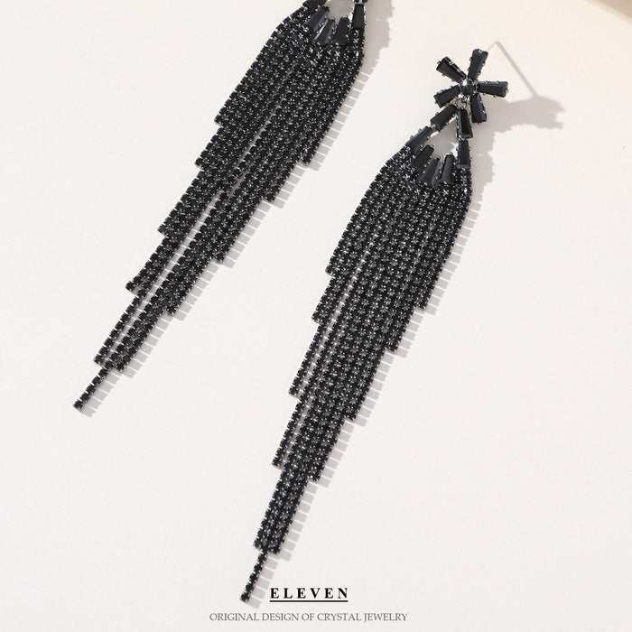 Silver Needle Floral Rhinestone Earrings - Dark Exaggerated Tassel Jewelry for Women