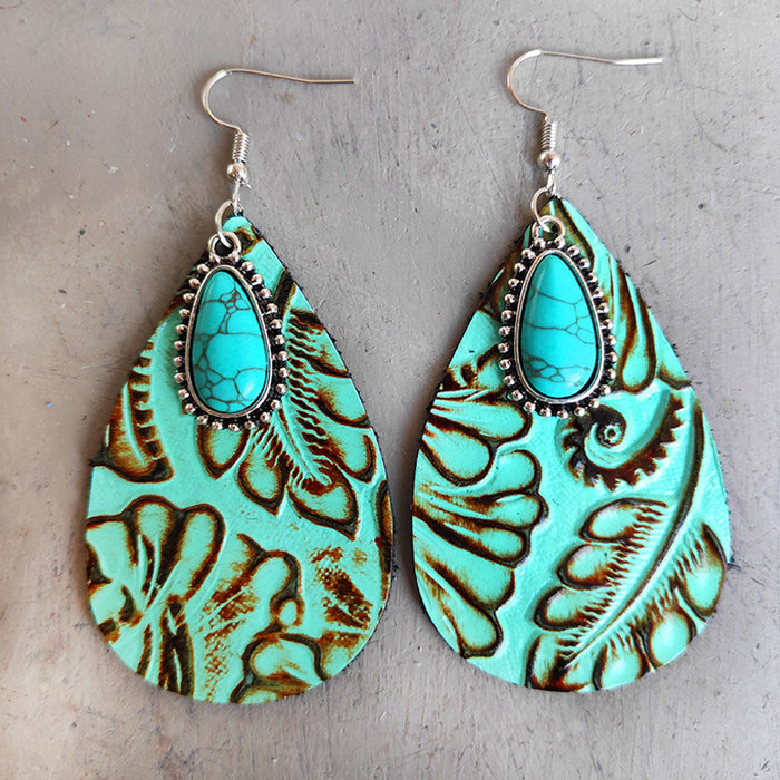 Bohemian Cowhide Leather Earrings with Bullhead and Turquoise Design