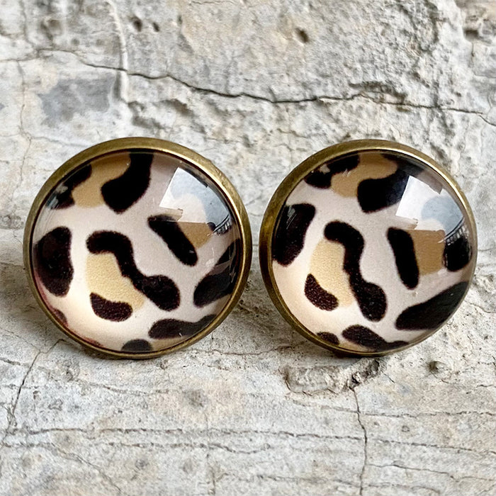 Vintage Glass Earrings with Christmas Plaid, Leopard, and Cow Print Designs