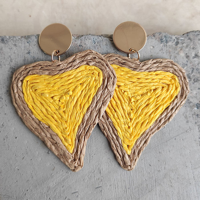 Hot Selling Heart Woven Earrings with Colorful Raffia Grass for Beach Style