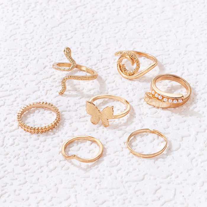 Elegant Pearl Butterfly and Snake Ring Set - 7-Piece Geometric Animal Rings