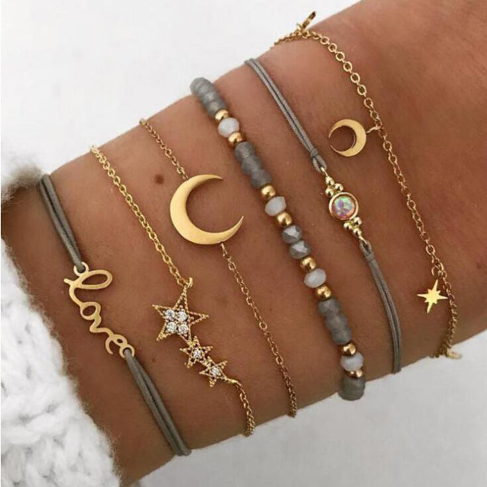 Love Star and Moon Bracelet Set – Simple Six-Piece Jewelry