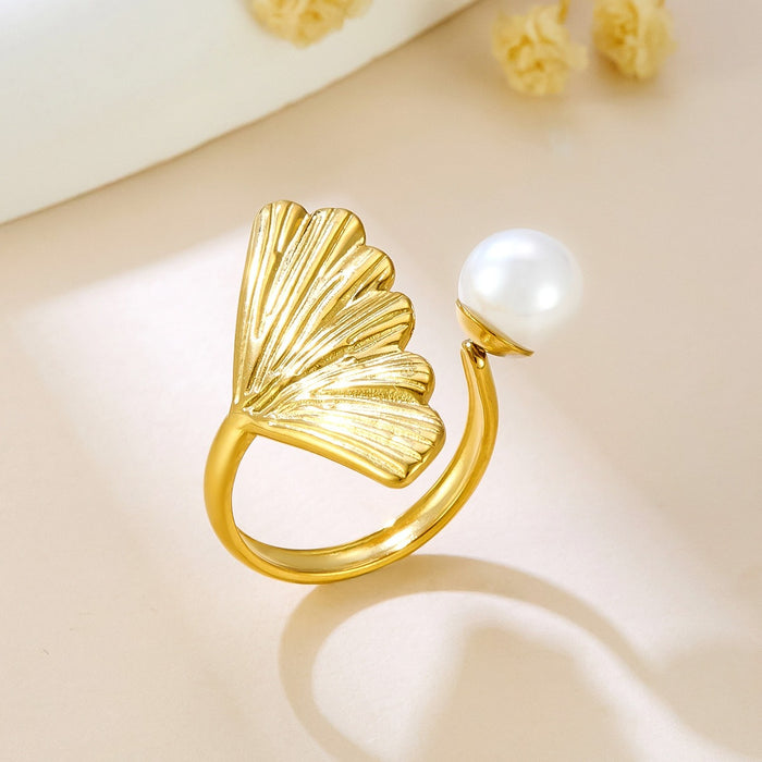 Wholesale stainless steel 18K gold sun scallop imitation pearl ring