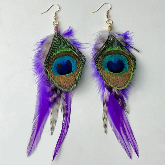 Festival Feather Earrings with Purple, Yellow, and Green Peacock Feathers