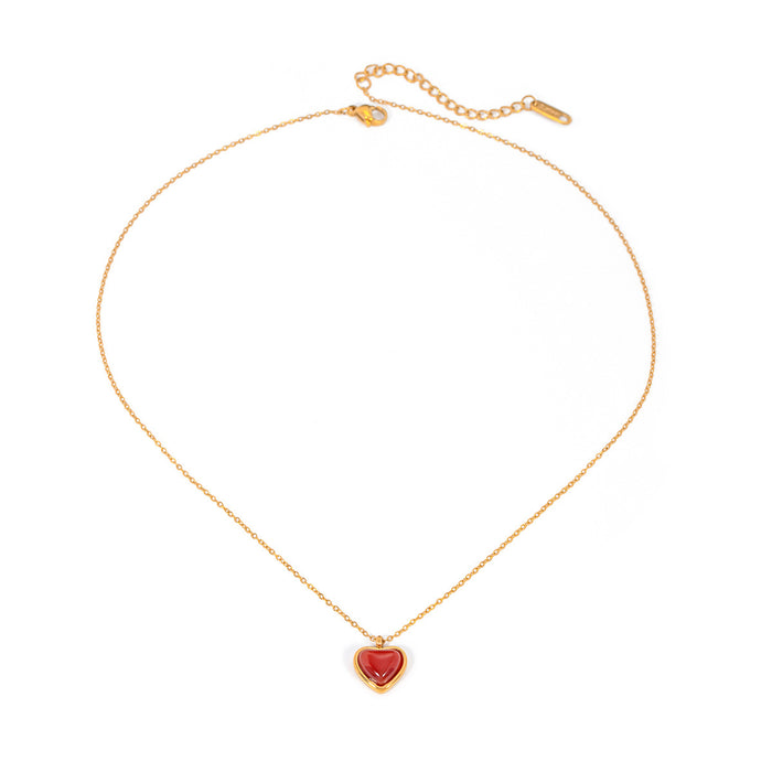 18K Gold-Plated Stainless Steel Necklace with Red Agate Heart Pendant - Women's Fashion Jewelry