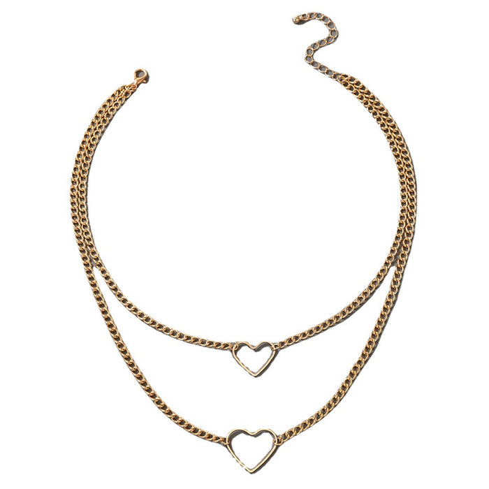 Gold Heart Double Layer Necklace with Geometric Alloy Hollow Multi-Layer Clavicle Chain