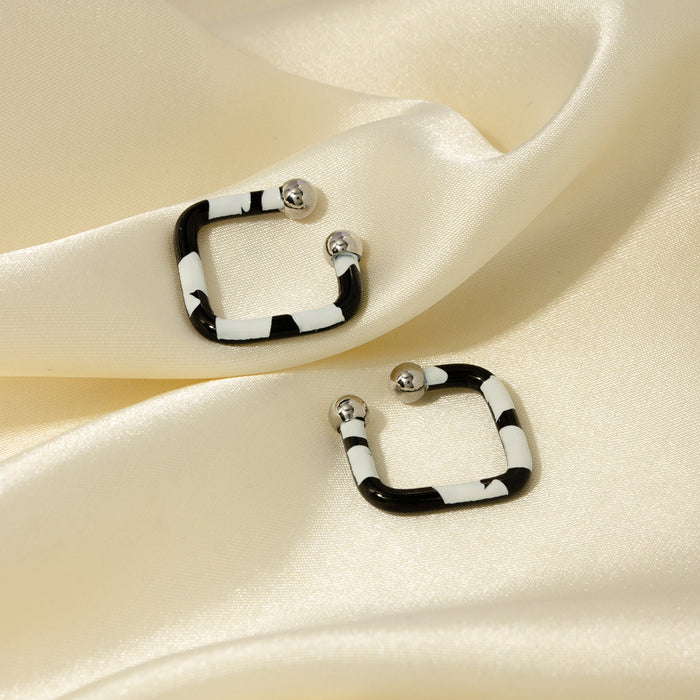 New Stainless Steel Zebra Print Enamel Square Clip-On Earrings - Fashionable Gift for Women