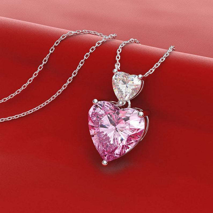 Korean double heart pink diamond women's necklace, cute peach heart zircon small pendant