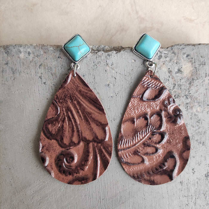 Leopard Print Cowhide Leather Teardrop Earrings with Turquoise Studs