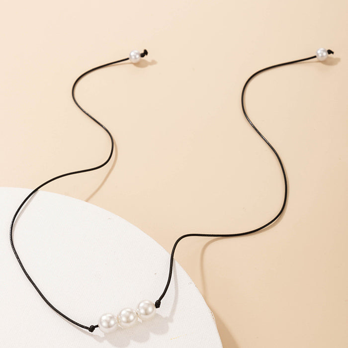 Faux Pearl Black Leather Cord Necklace – Minimalist Three-Pearl Pendant