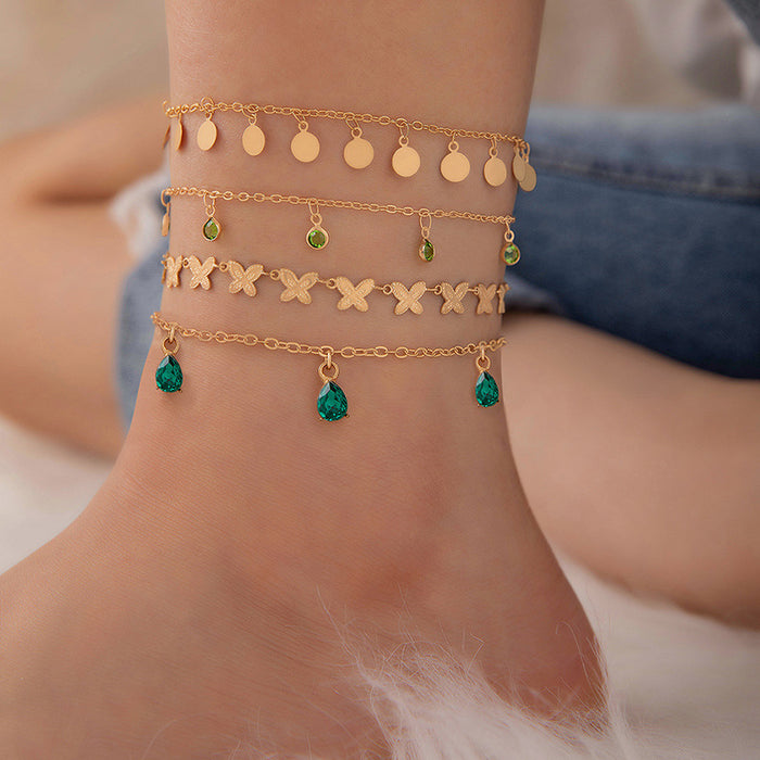 Green Animal Tassel Anklet Set - Double Layer Boho Jewelry