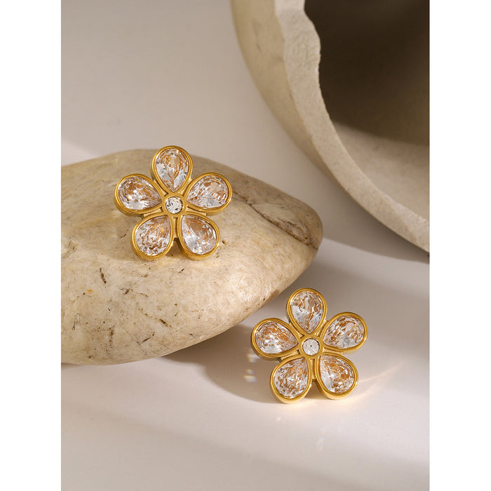 18K Gold Stainless Steel Zircon Flower Earrings - Minimalist High-End Titanium Steel Jewelry