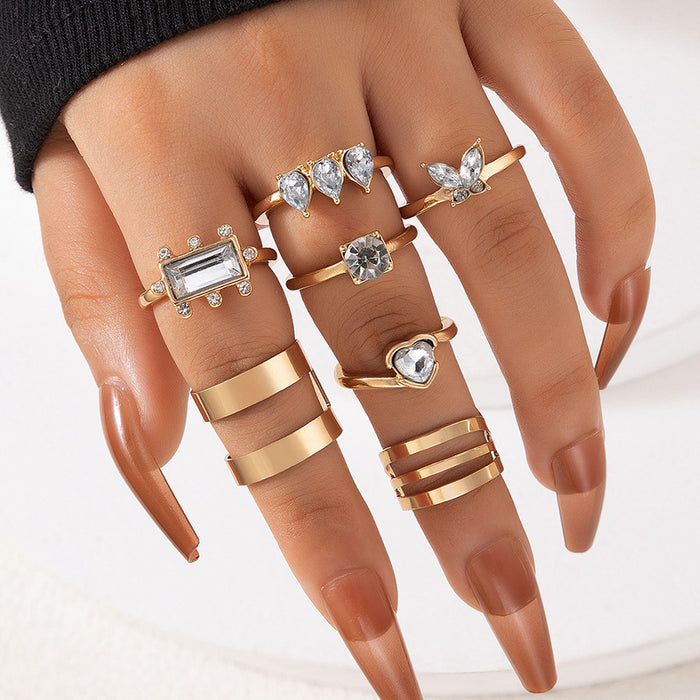 Korean style heart diamond ring set, geometric irregular square butterfly seven-piece set