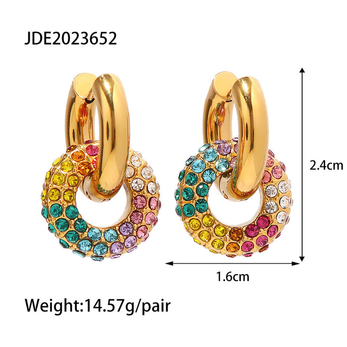 18K Gold Plated Stainless Steel C-Shape Earrings - Asymmetrical Design with Zircon Inlay