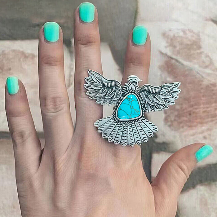 Bohemian Turquoise Feather Single Ring – Trendy Vintage Unique Design Band