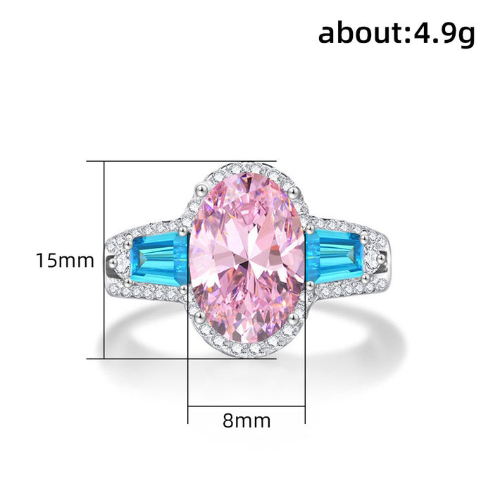 Platinum-plated colored gemstone ring egg-shaped zircon women's ring European and American fashion