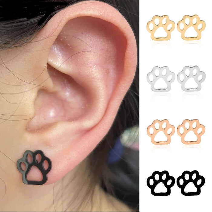 Bear paw earrings, Japanese and Korean stainless steel personality new hollow small animal cat and dog footprint earrings wholesale