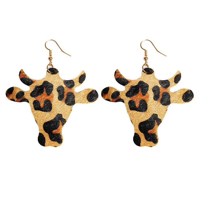 Simple Cow Print Leather Earrings with Bullhead Design