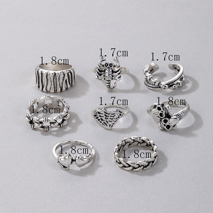 Gothic Skull Ring Set - 8-Piece Animal and Heart Rings for Women