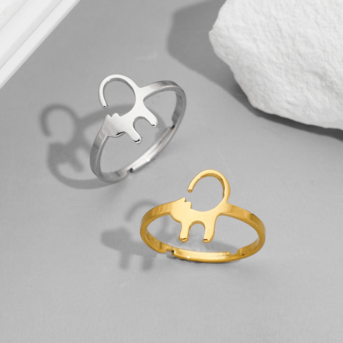 Cute cartoon long-tailed cat rings, simple stainless steel open rings wholesale