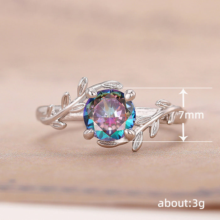 Anillo de flor de circonita de colores, anillo femenino de platino con hojas de estilo japonés